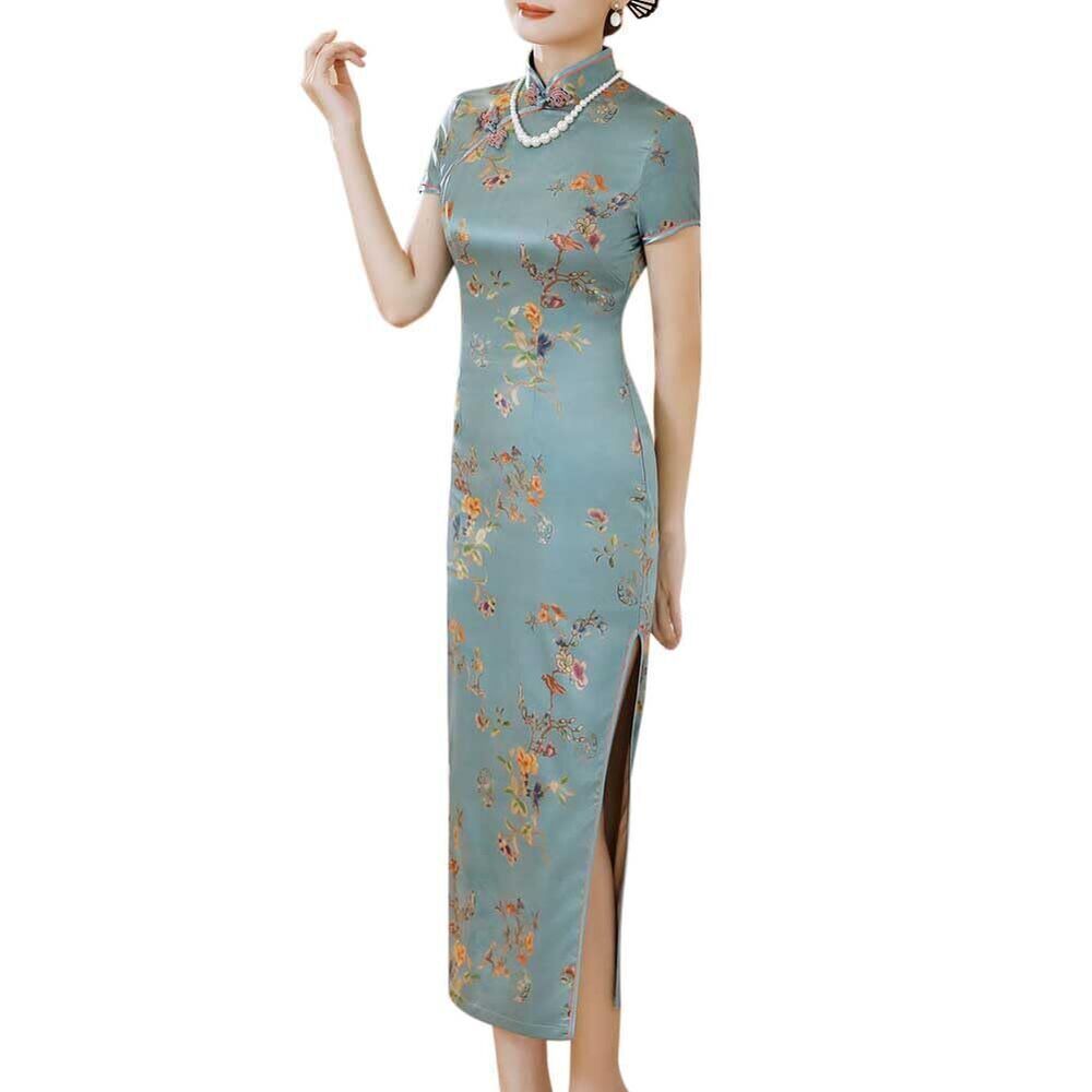 1106 Summer Maxi Cheongsam Vintage Floral Print Short Sleeve High Slit Tea